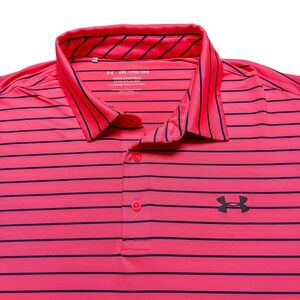 Under Armour Shirt Mens 2XL Pink Stripe Playoff Polo Golf Stretch Performance